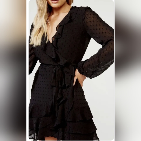 BARDOT Triple Frill Long Sleeve Polka Dot, Chiffon Mini Dress, Black, SZ 16 - Picture 2 of 11